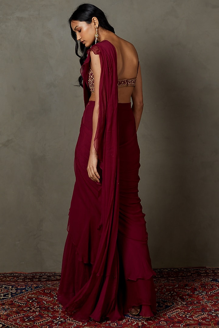 Wine Viscose Chinon Embroidered Wedding Saree Set by Ri Ritu Kumar at Pernia's Pop Up Shop