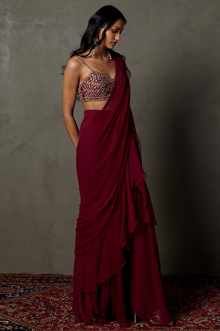 Wine Viscose Chinon Embroidered Wedding Saree Set by Ri Ritu Kumar at Pernia's Pop Up Shop
