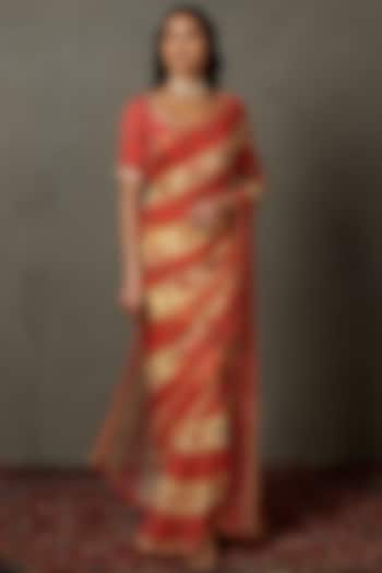 Peach Viscose Chiffon Hand Embroidered Wedding Saree Set by Ri Ritu Kumar at Pernia's Pop Up Shop