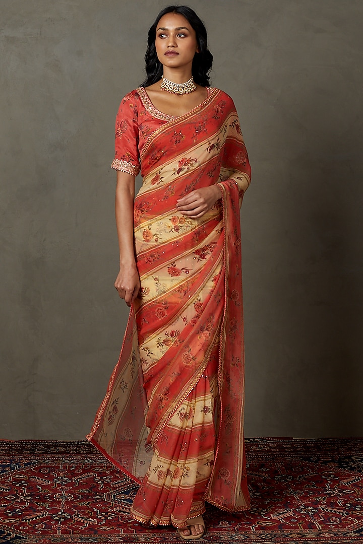 Peach Viscose Chiffon Hand Embroidered Wedding Saree Set by Ri Ritu Kumar at Pernia's Pop Up Shop