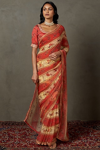 Peach Viscose Chiffon Hand Embroidered Saree Set by Ri Ritu Kumar