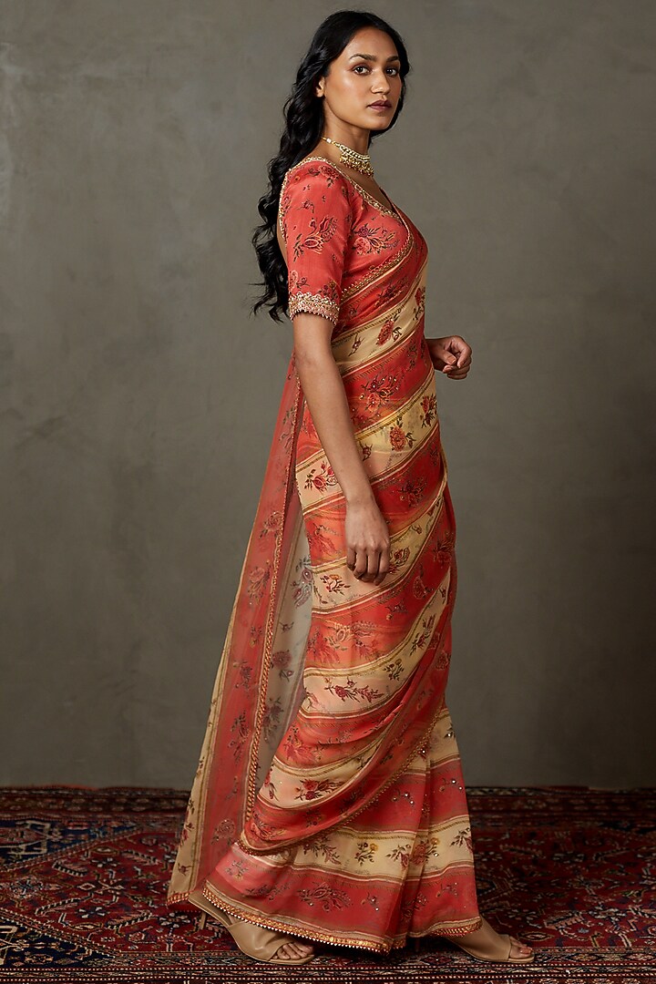 Peach Viscose Chiffon Hand Embroidered Wedding Saree Set by Ri Ritu Kumar at Pernia's Pop Up Shop