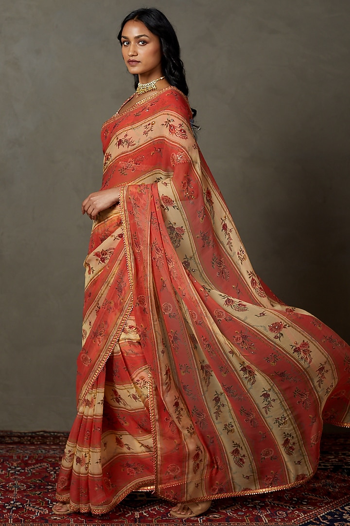 Peach Viscose Chiffon Hand Embroidered Wedding Saree Set by Ri Ritu Kumar at Pernia's Pop Up Shop