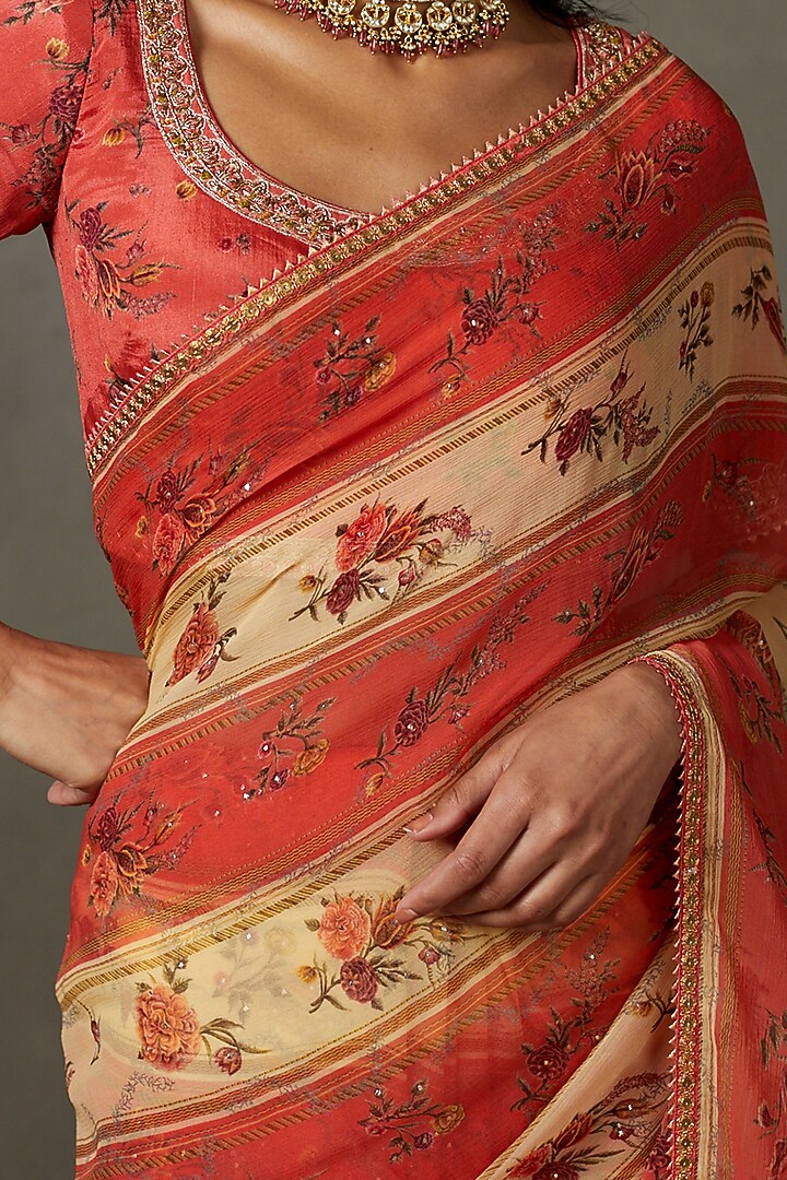 Peach Viscose Chiffon Hand Embroidered Wedding Saree Set by Ri Ritu Kumar at Pernia's Pop Up Shop
