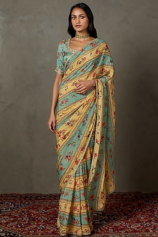 Light Teal & Sand Viscose Chinon Hand Embroidered Saree Set by Ri Ritu Kumar
