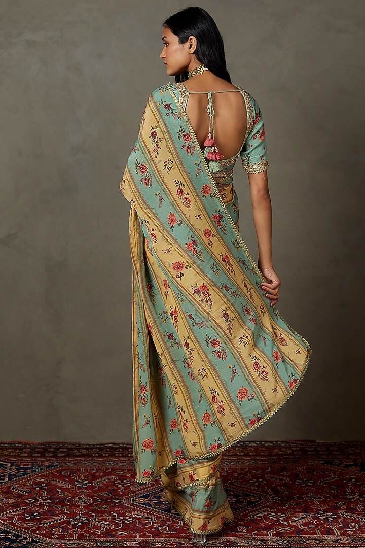 Light Teal & Sand Viscose Chinon Hand Embroidered Wedding Saree Set by Ri Ritu Kumar at Pernia's Pop Up Shop