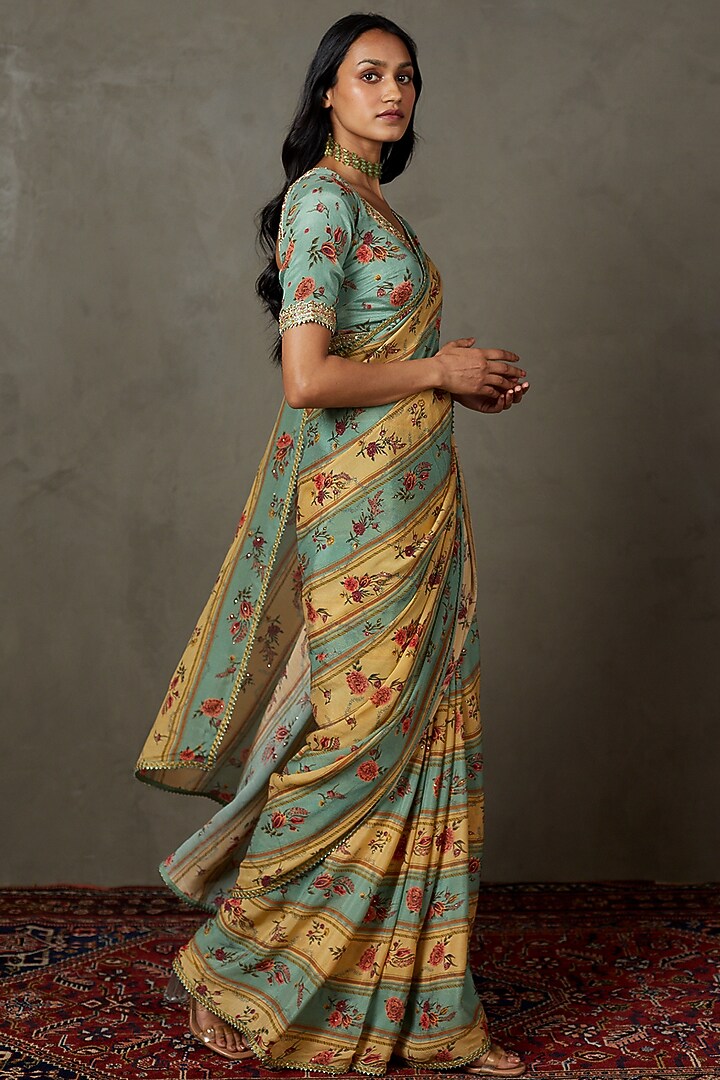 Light Teal & Sand Viscose Chinon Hand Embroidered Wedding Saree Set by Ri Ritu Kumar at Pernia's Pop Up Shop