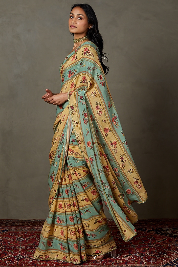 Light Teal & Sand Viscose Chinon Hand Embroidered Wedding Saree Set by Ri Ritu Kumar at Pernia's Pop Up Shop