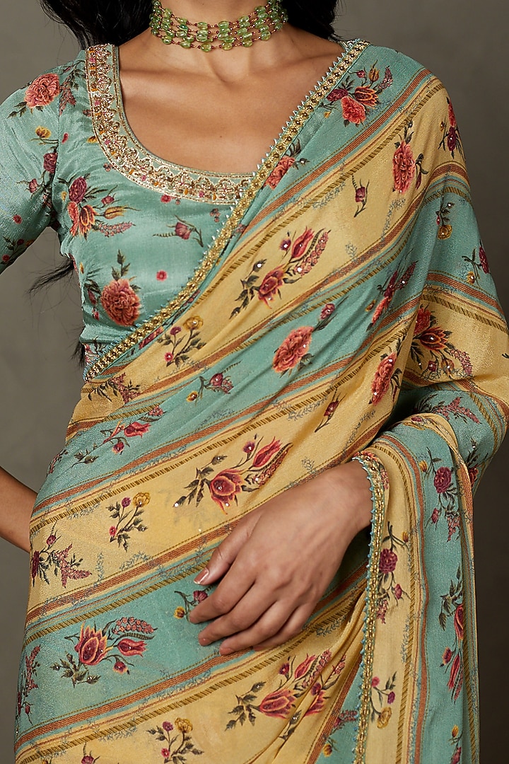 Light Teal & Sand Viscose Chinon Hand Embroidered Wedding Saree Set by Ri Ritu Kumar at Pernia's Pop Up Shop