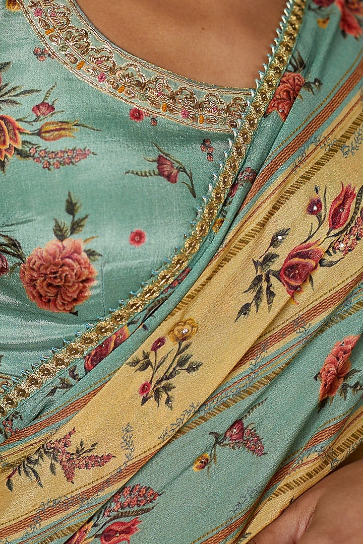 Light Teal & Sand Viscose Chinon Hand Embroidered Wedding Saree Set by Ri Ritu Kumar at Pernia's Pop Up Shop