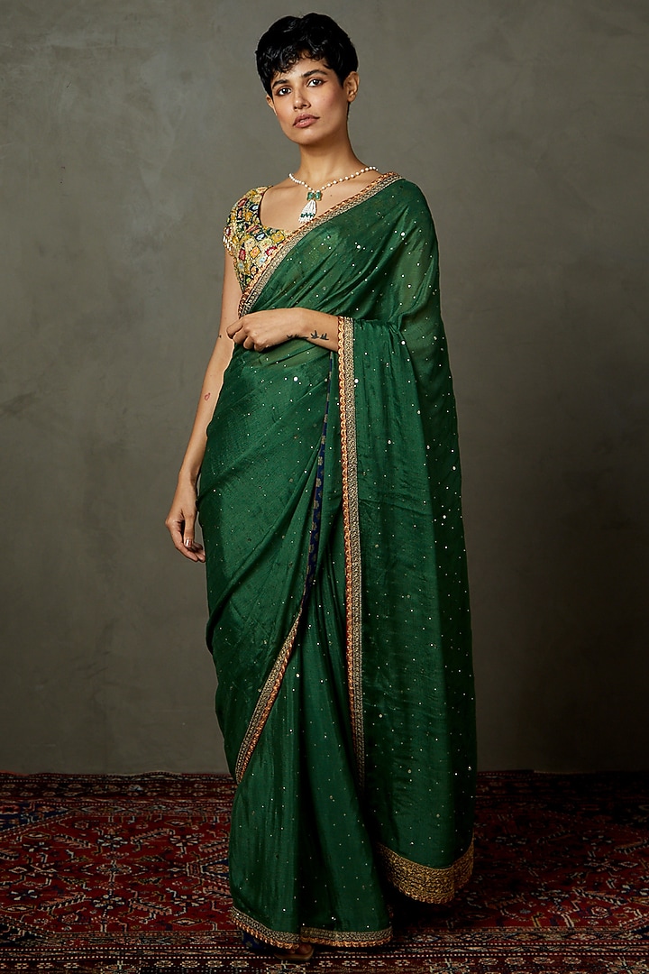 Emerald Viscose Chinon Machine & Hand Embroidered Wedding Saree Set by Ri Ritu Kumar at Pernia's Pop Up Shop