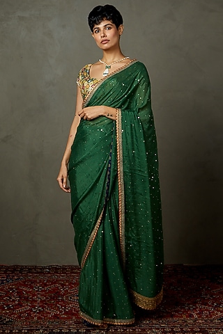 Emerald Viscose Chinon Machine & Hand Embroidered Saree Set by Ri Ritu Kumar