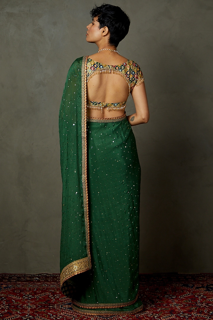 Emerald Viscose Chinon Machine & Hand Embroidered Wedding Saree Set by Ri Ritu Kumar at Pernia's Pop Up Shop