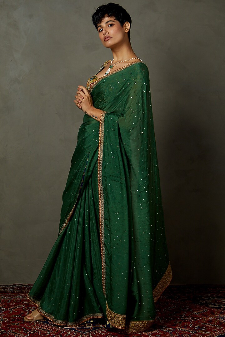 Emerald Viscose Chinon Machine & Hand Embroidered Wedding Saree Set by Ri Ritu Kumar at Pernia's Pop Up Shop