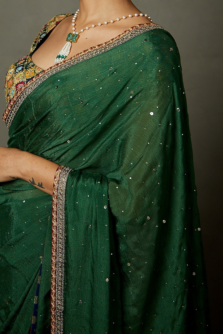 Emerald Viscose Chinon Machine & Hand Embroidered Wedding Saree Set by Ri Ritu Kumar at Pernia's Pop Up Shop