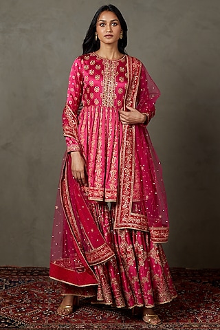 Fuchsia Silk Satin Hand Embroidered Gharara Set by Ri Ritu Kumar