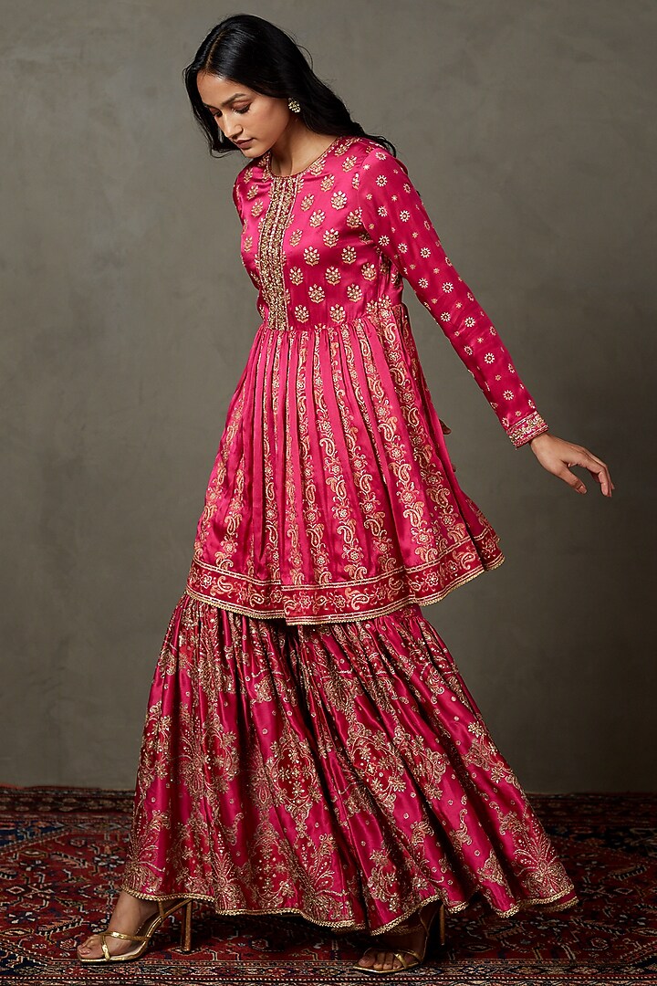Fuchsia Silk Satin Hand Embroidered Gharara Set by Ri Ritu Kumar at Pernia's Pop Up Shop
