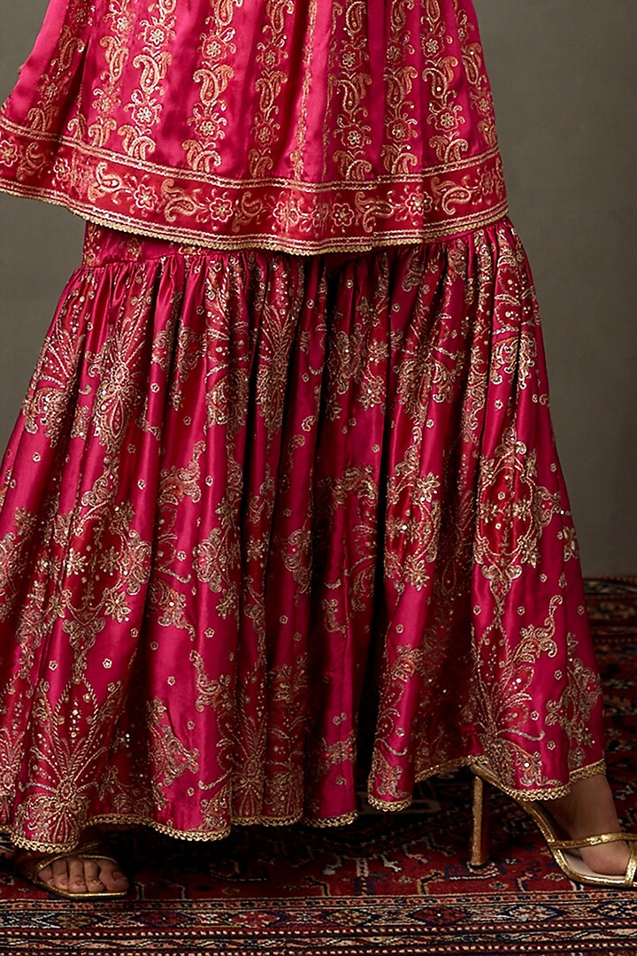 Fuchsia Silk Satin Hand Embroidered Gharara Set by Ri Ritu Kumar at Pernia's Pop Up Shop