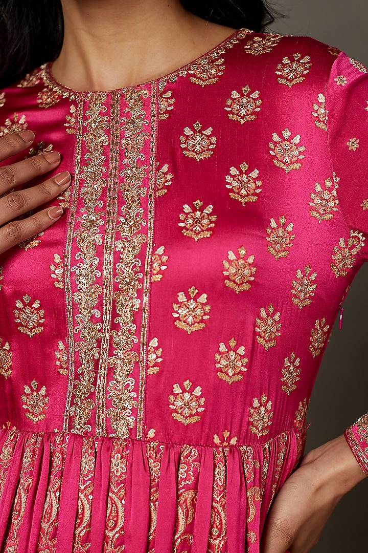 Designer Fuchsia Contrast Tiered Gharara Set with Heavy Neck Embroidery