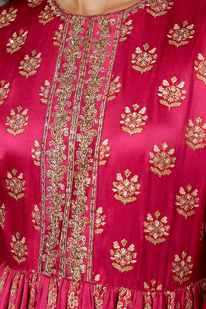 Fuchsia Silk Satin Hand Embroidered Gharara Set by Ri Ritu Kumar at Pernia's Pop Up Shop