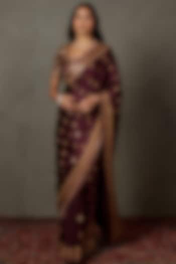 Prune Silk Satin Hand Embroidered Bridal Saree Set by Ri Ritu Kumar at Pernia's Pop Up Shop