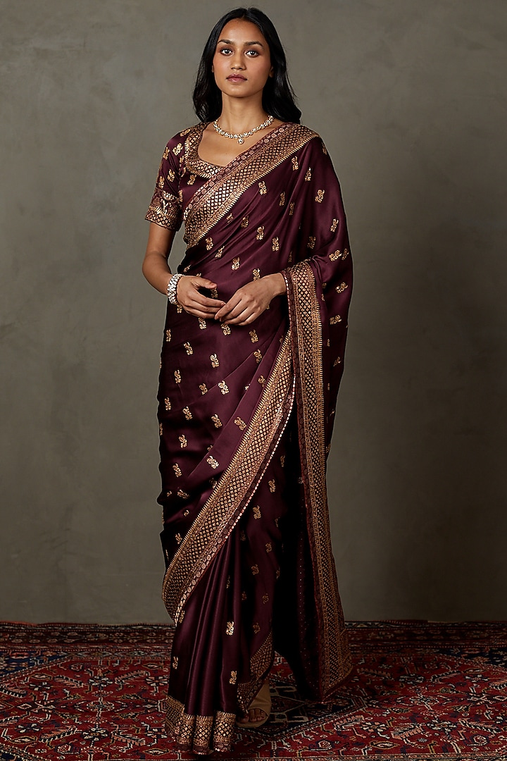 Prune Silk Satin Hand Embroidered Bridal Saree Set by Ri Ritu Kumar at Pernia's Pop Up Shop