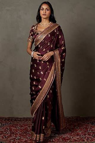 Prune Silk Satin Hand Embroidered Saree Set by Ri Ritu Kumar