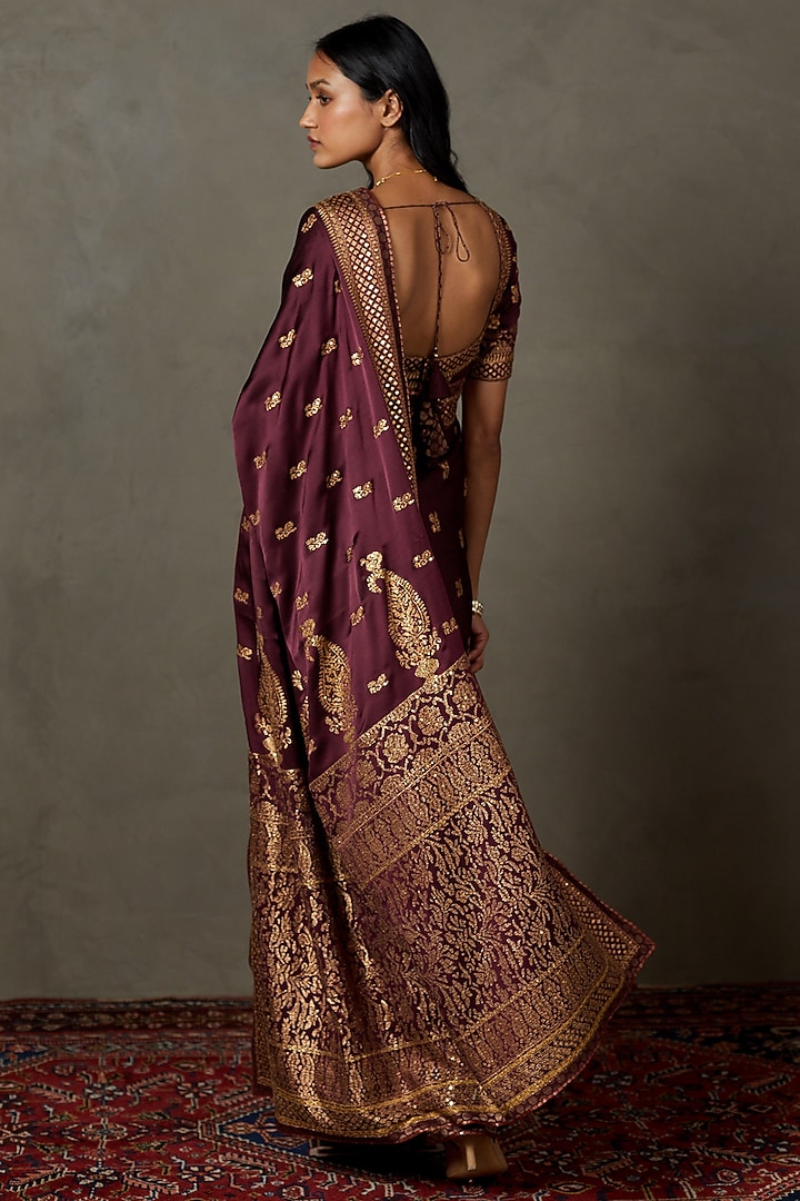 Prune Silk Satin Hand Embroidered Bridal Saree Set by Ri Ritu Kumar at Pernia's Pop Up Shop