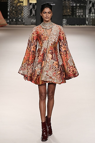 Rust Silk Short Dress by Ri Ritu Kumar