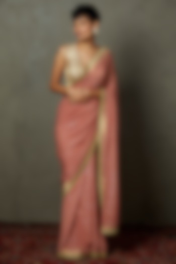 Old Rose Silk Chinon Hand Embroidered Bridal Saree Set by Ri Ritu Kumar at Pernia's Pop Up Shop