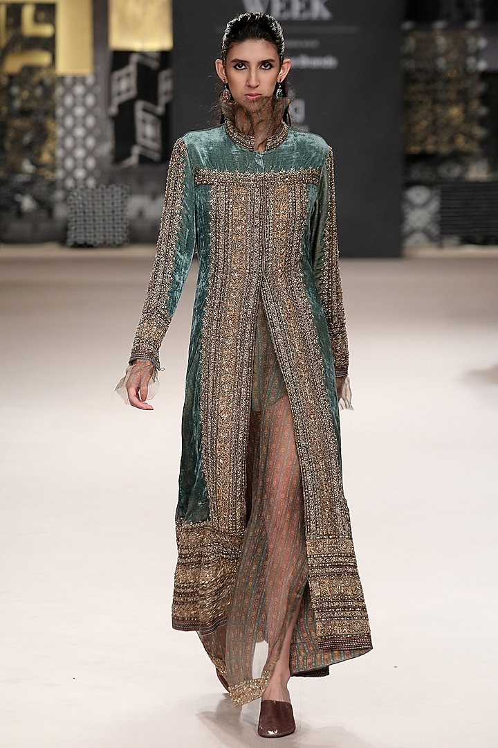 Green Silk Jacket Party Wear Dress by Ri Ritu Kumar at Pernia's Pop Up Shop