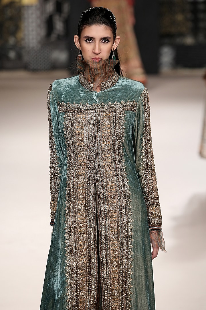 Green Silk Jacket Party Wear Dress by Ri Ritu Kumar at Pernia's Pop Up Shop