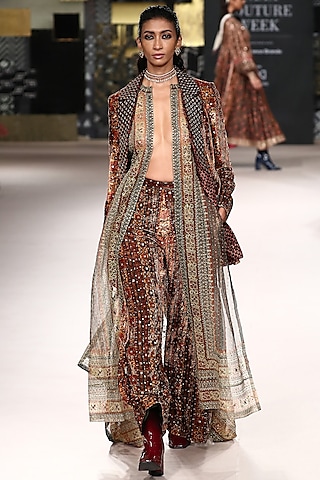 Multi-Colored Silk Velvet Jacket Set by Ri Ritu Kumar