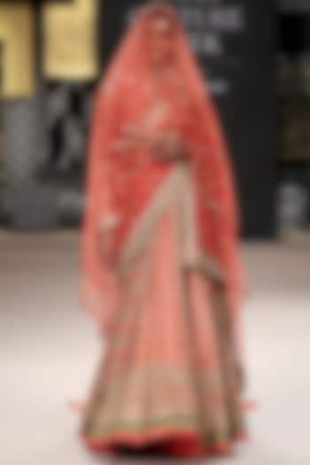 Coral Pink Silk Dupion Bridal Lehenga Set by Ri Ritu Kumar at Pernia's Pop Up Shop