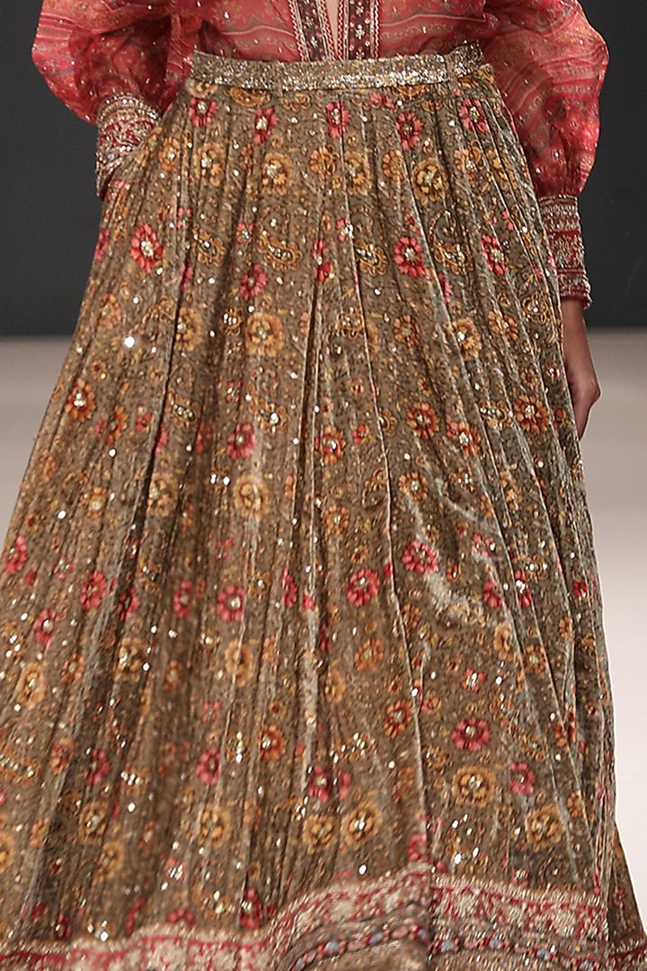 Green Silk Velvet Skirt Set by Ri Ritu Kumar at Pernia's Pop Up Shop