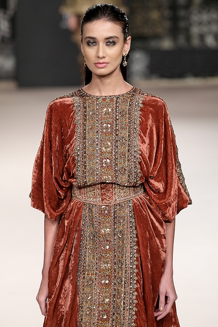 Rust Silk Velvet Party Wear Dress by Ri Ritu Kumar at Pernia's Pop Up Shop