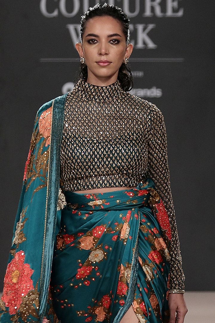 Teal Blue Silk Satin Floral Printed Bridal Saree Set by Ri Ritu Kumar at Pernia's Pop Up Shop