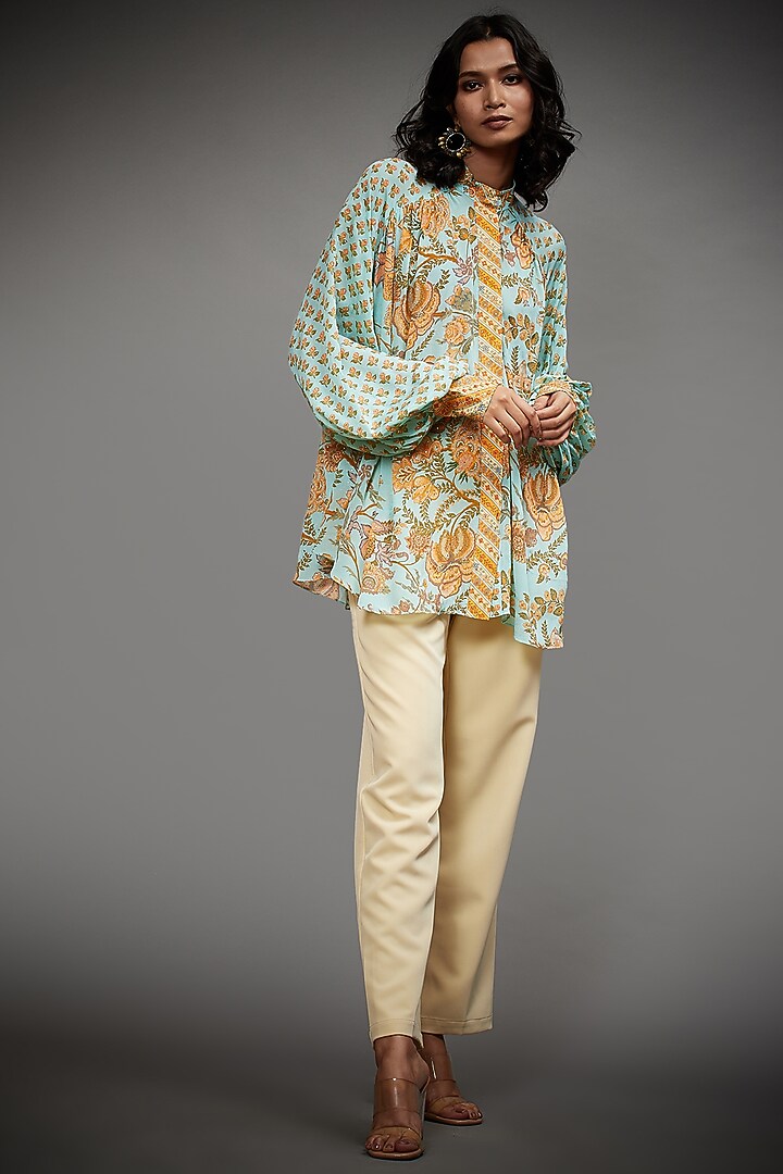 Aqua Viscose Printed & Embroidered Short Kurta by Ri Ritu Kumar at Pernia's Pop Up Shop