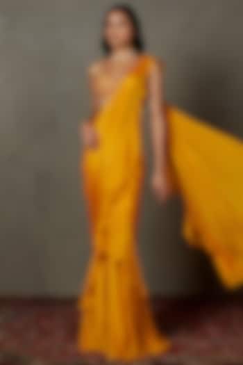 Mustard Yellow Viscose Chinon Embroidered Draped Wedding Saree Set by Ri Ritu Kumar at Pernia's Pop Up Shop