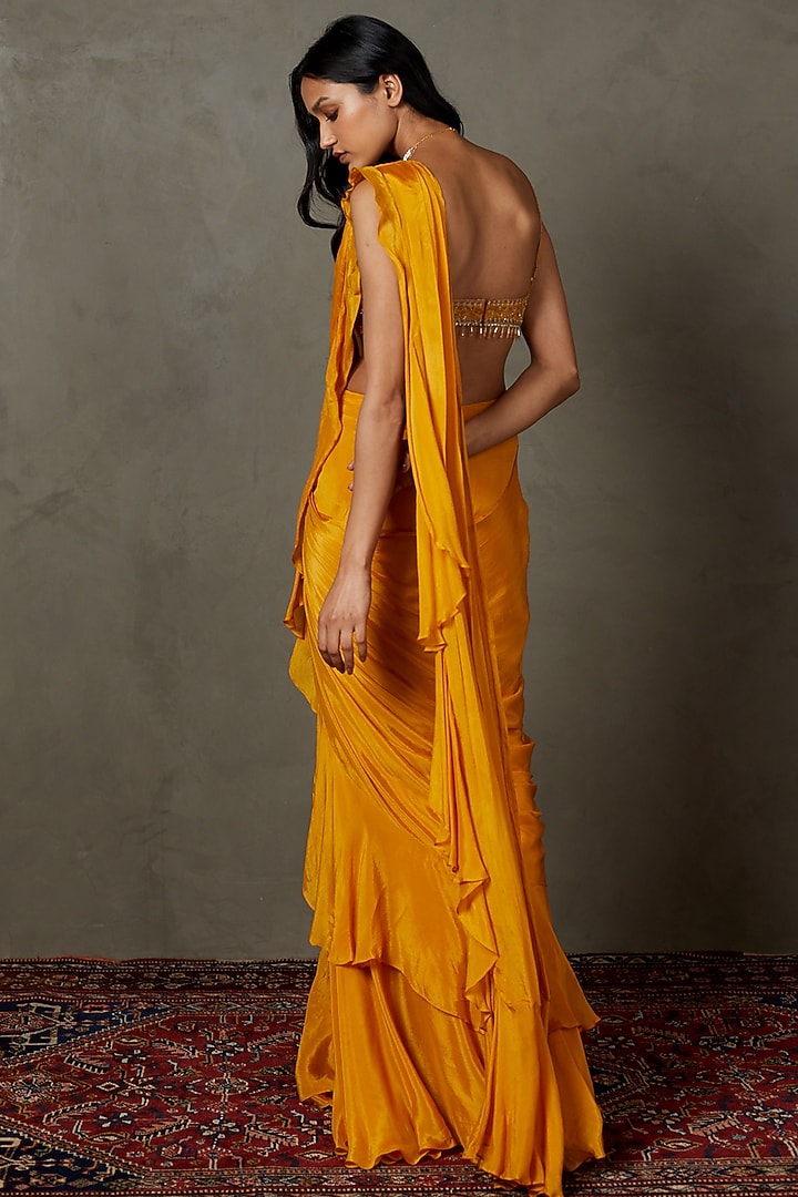 Mustard Yellow Viscose Chinon Embroidered Draped Wedding Saree Set by Ri Ritu Kumar at Pernia's Pop Up Shop