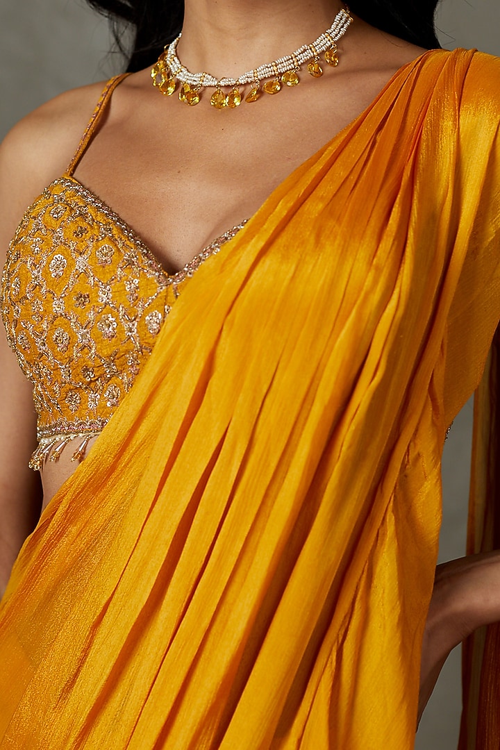 Mustard Yellow Viscose Chinon Embroidered Draped Wedding Saree Set by Ri Ritu Kumar at Pernia's Pop Up Shop