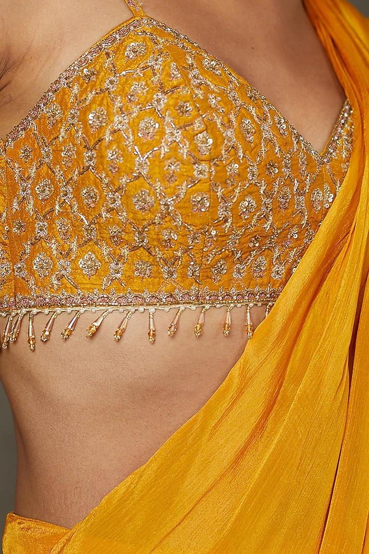 Mustard Yellow Viscose Chinon Embroidered Draped Wedding Saree Set by Ri Ritu Kumar at Pernia's Pop Up Shop