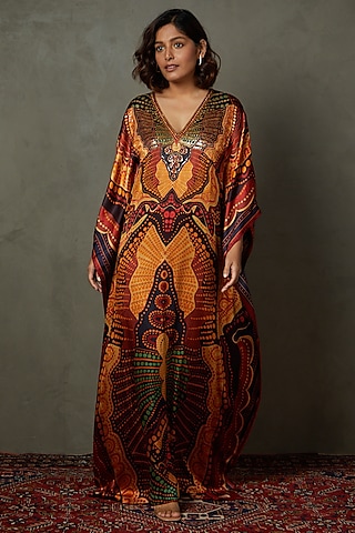 Black Silk Satin Printed & Embroidered Kaftan by Ri Ritu Kumar