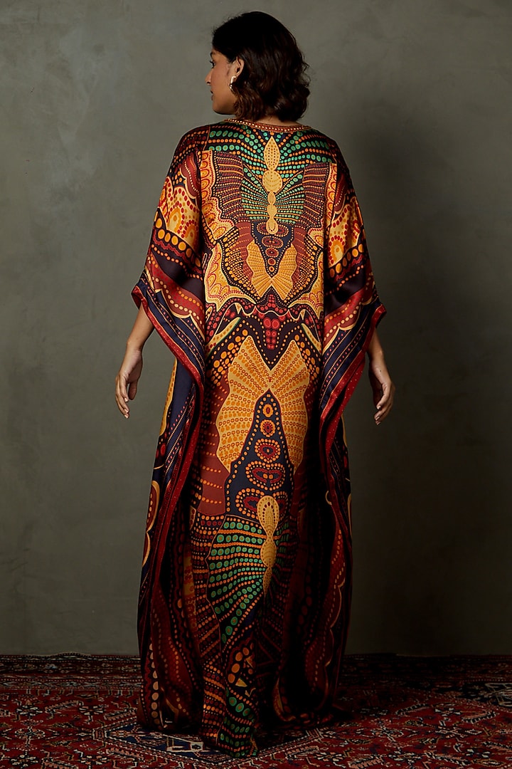 Black Silk Satin Printed & Embroidered Kaftan by Ri Ritu Kumar at Pernia's Pop Up Shop