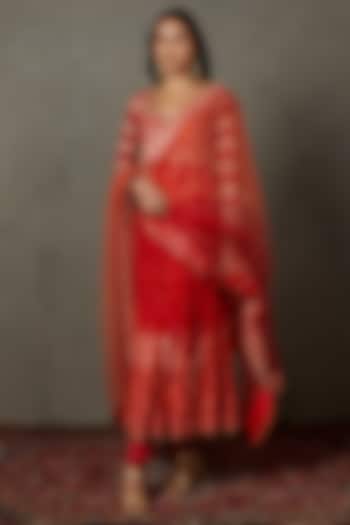 Red Rayon Crepe Printed & Embroidered Kurta Set by Ri Ritu Kumar at Pernia's Pop Up Shop