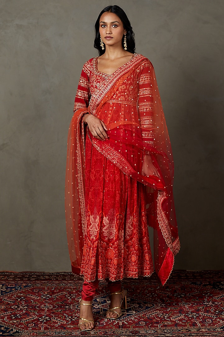 Red Rayon Crepe Printed & Embroidered Kurta Set by Ri Ritu Kumar at Pernia's Pop Up Shop