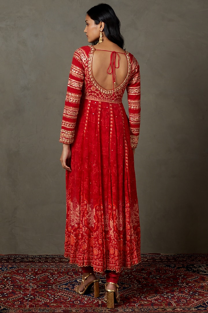 Red Rayon Crepe Printed & Embroidered Kurta Set by Ri Ritu Kumar at Pernia's Pop Up Shop