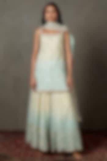 Off-White & Aqua Nylon Net Gharara Set by Ri Ritu Kumar at Pernia's Pop Up Shop
