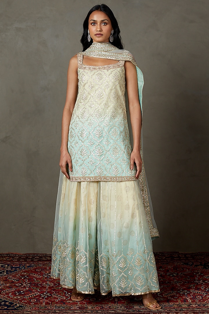 Off-White & Aqua Nylon Net Gharara Set by Ri Ritu Kumar at Pernia's Pop Up Shop
