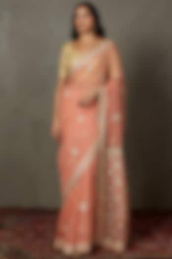 Coral & Yellow Silk Organza Embroidered Reception Saree Set by Ri Ritu Kumar at Pernia's Pop Up Shop